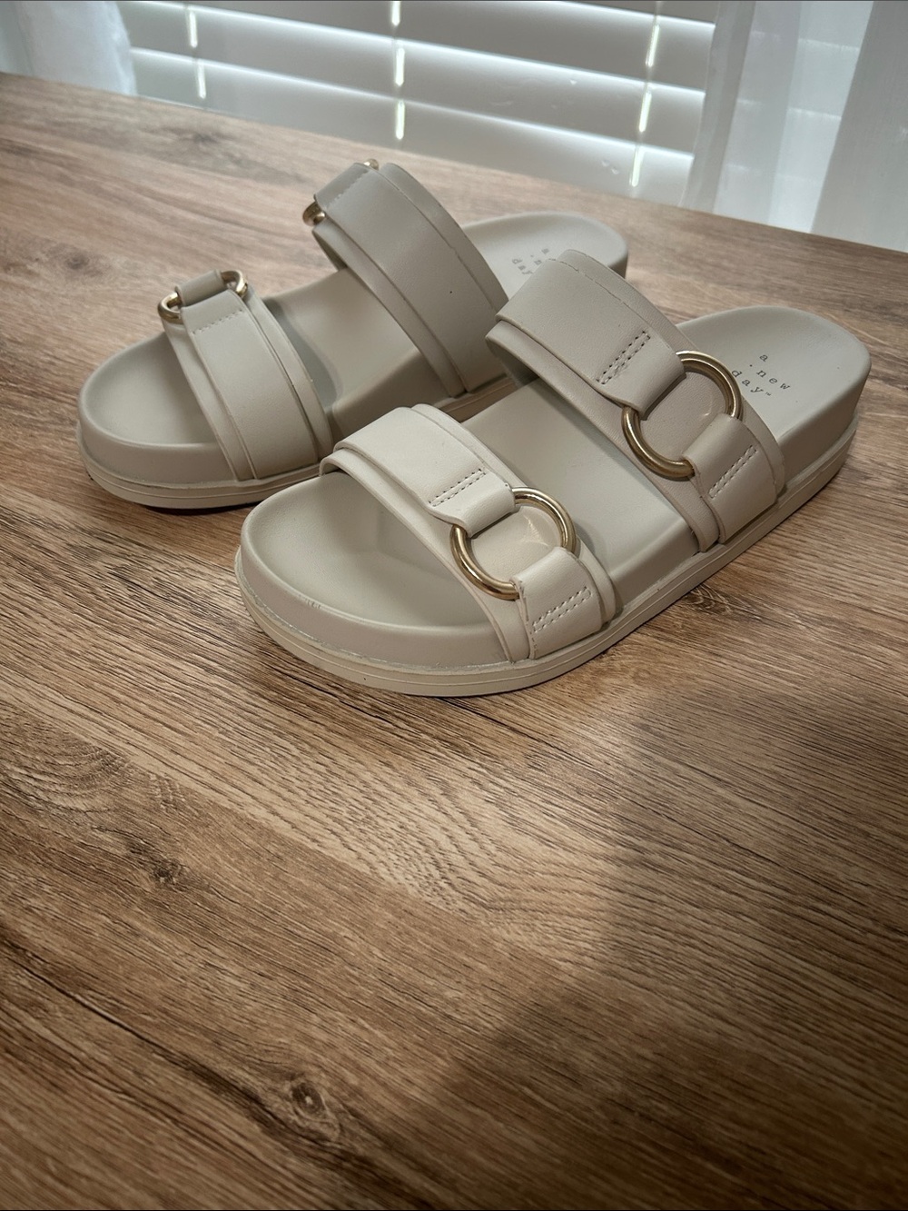 a new day Cream Slide Sandals with Gold Buckle Detail